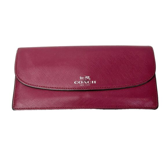 Coach Foldover Slim Wallet Card Holders Snap Front Envelope Leather Maroon Pink - Picture 1 of 15